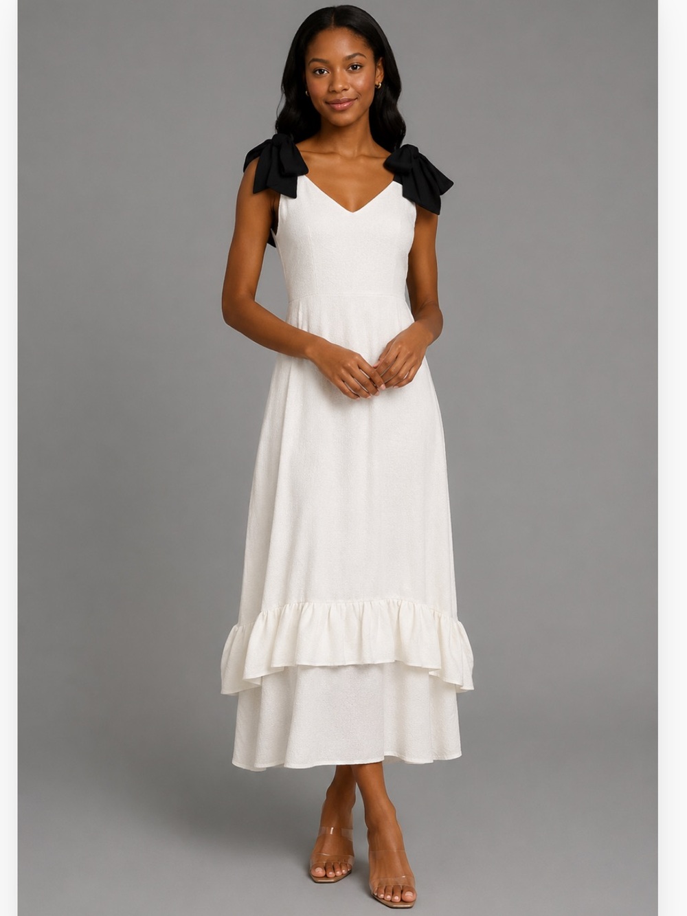 N-DUO White Tiered Maxi Dress with Black Bow Strap Detail 36 Euro 4 or 6 US